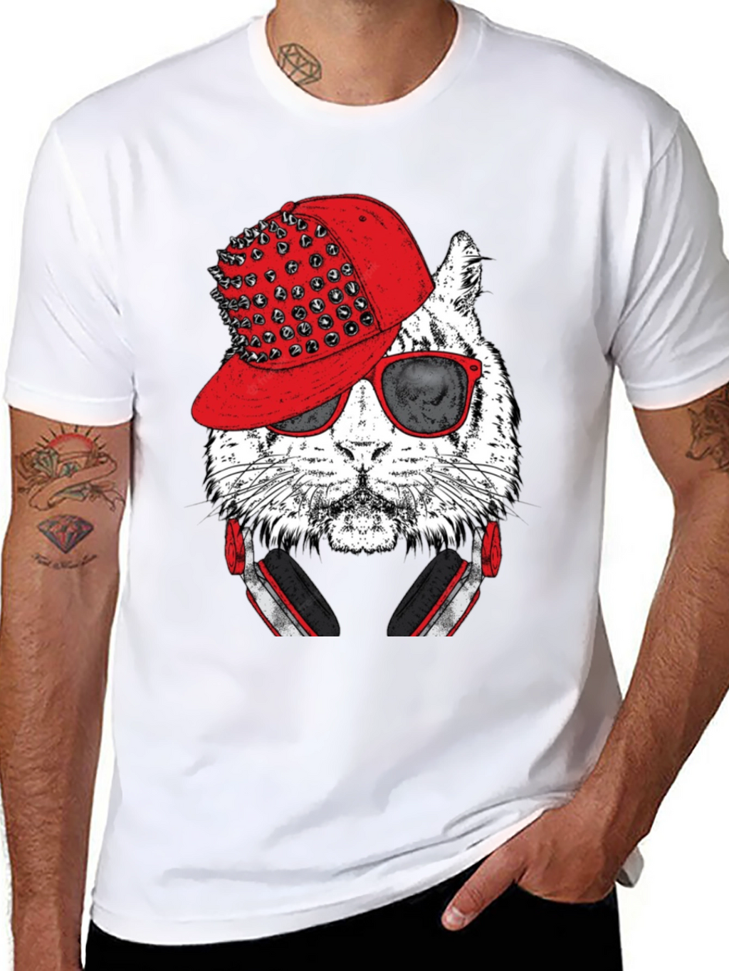 Cool Cat Graphic Tee - Red Hat & Headphones