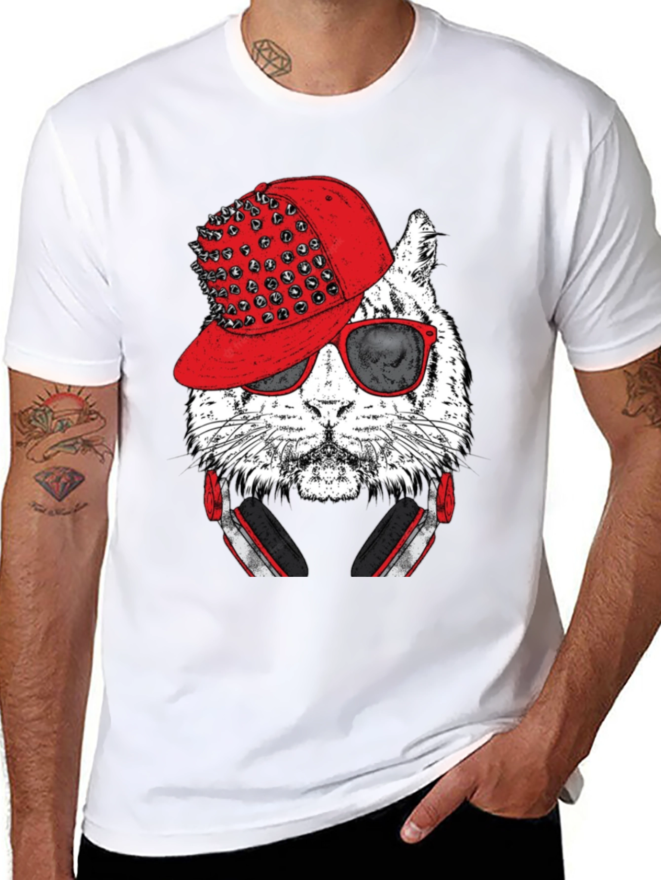 Cool Cat Graphic Tee - Red Hat & Headphones