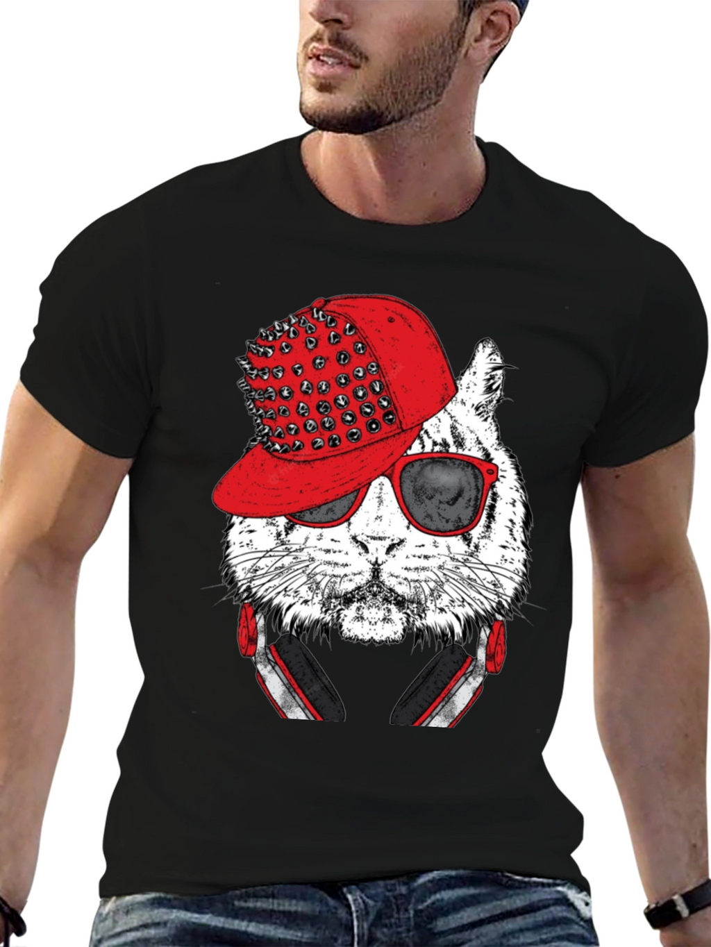 Cool Cat Graphic Tee - Red Hat & Headphones