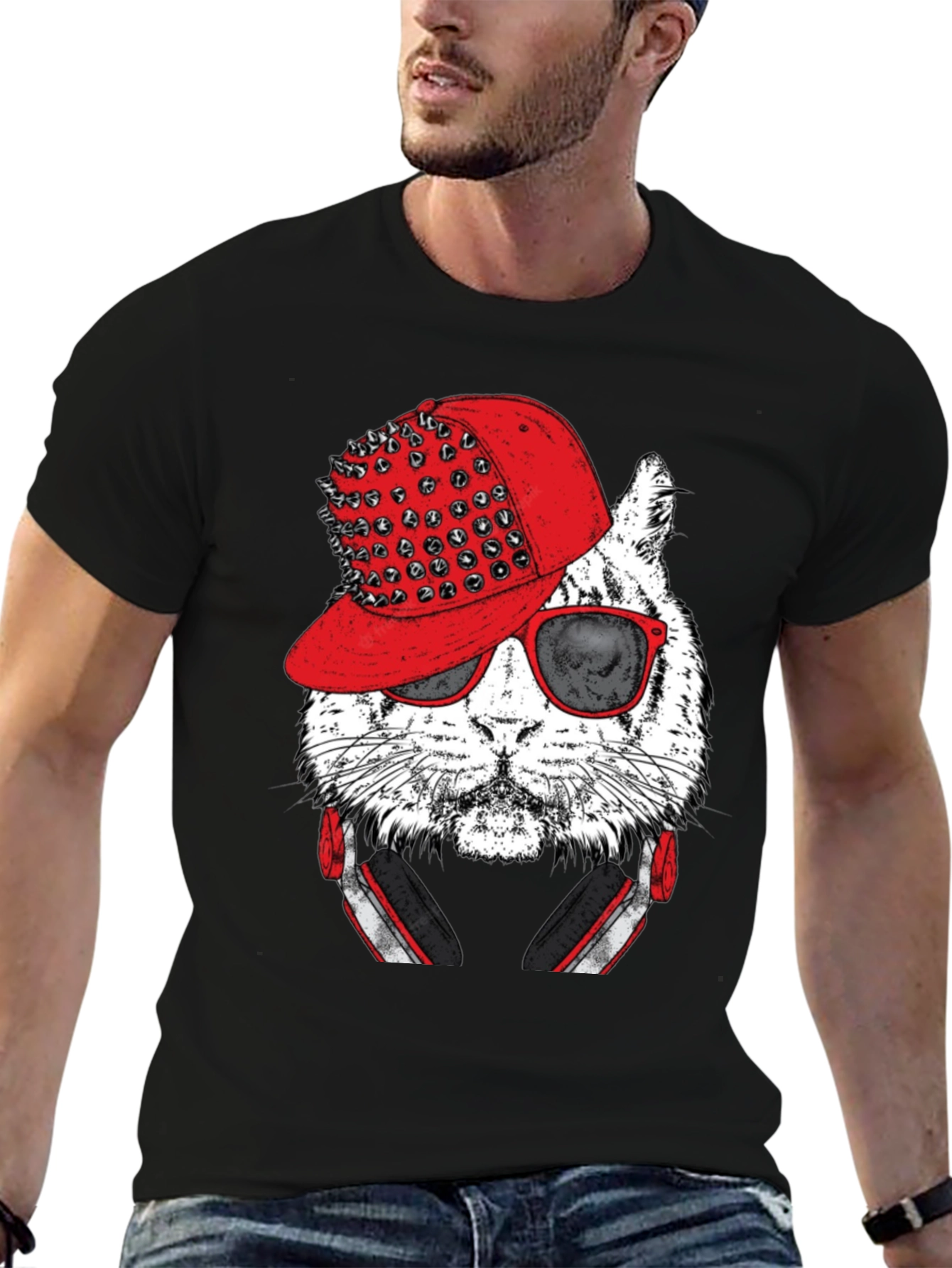 Cool Cat Graphic Tee - Red Hat & Headphones