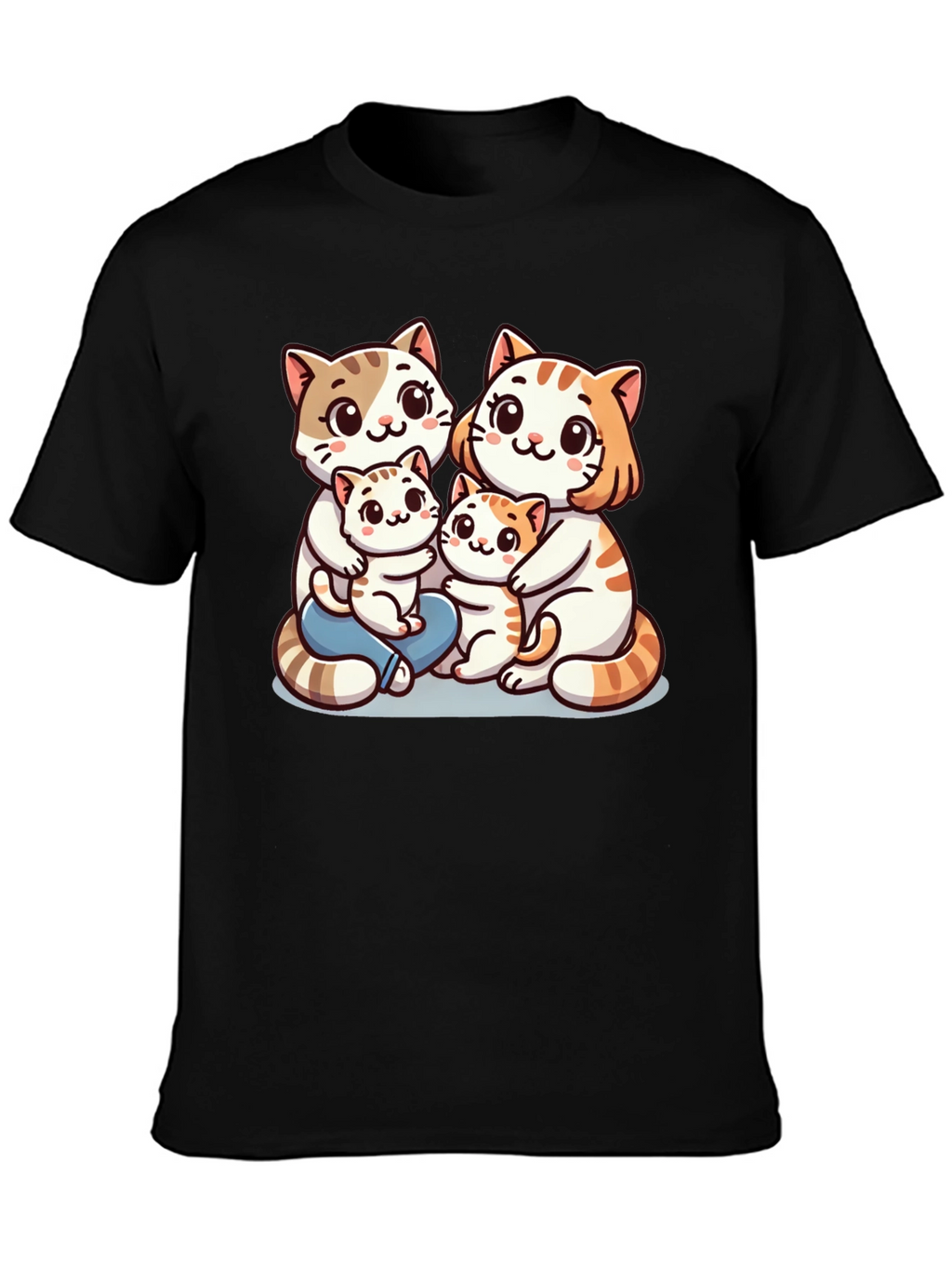 Cute Cat Family Graphic Tee - Black