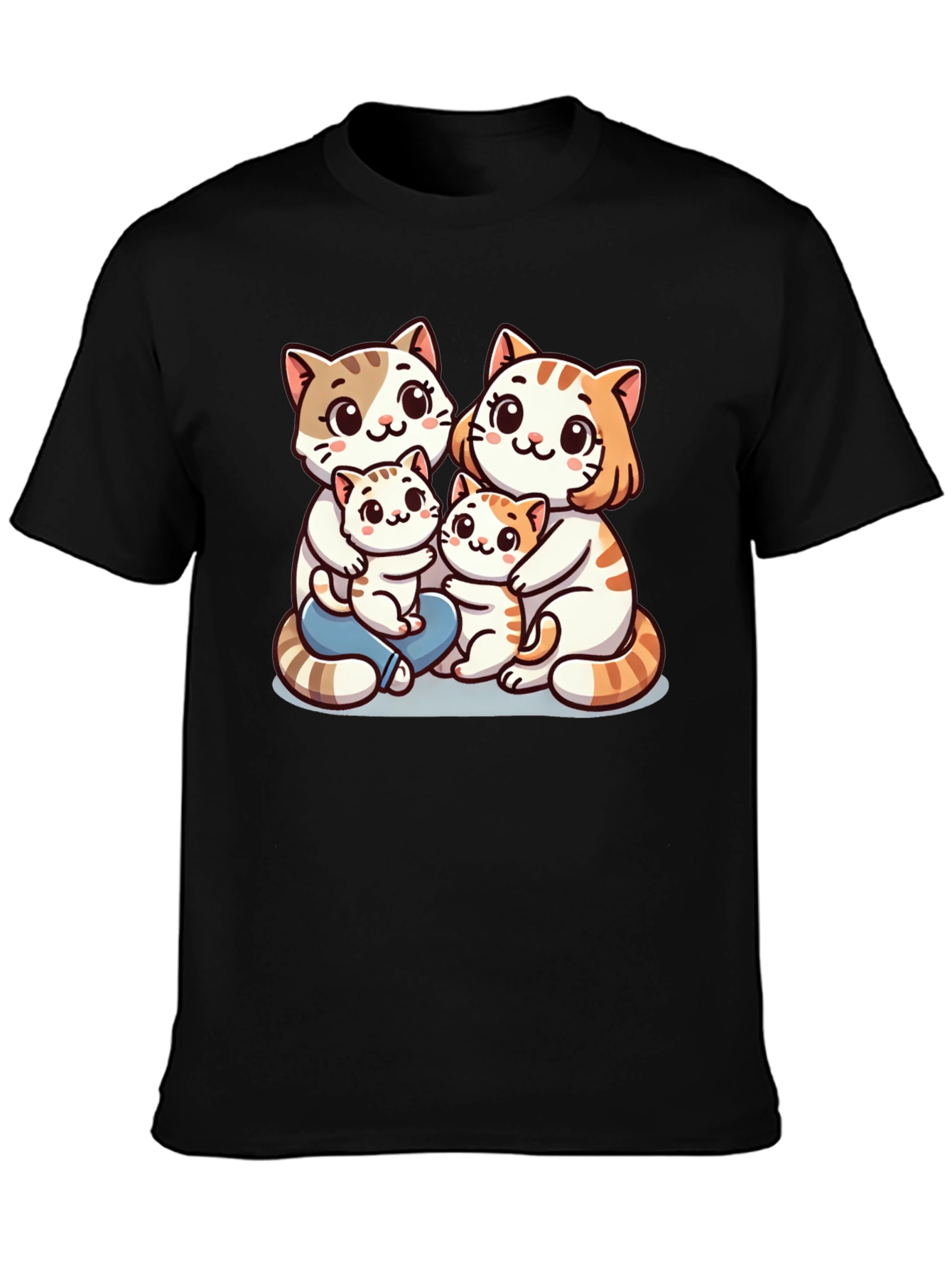 Cute Cat Family Graphic Tee - Black