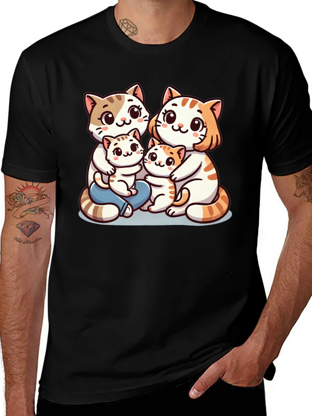 Cute Cat Family Graphic Tee - Black