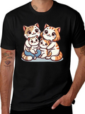Cute Cat Family Graphic Tee - Black