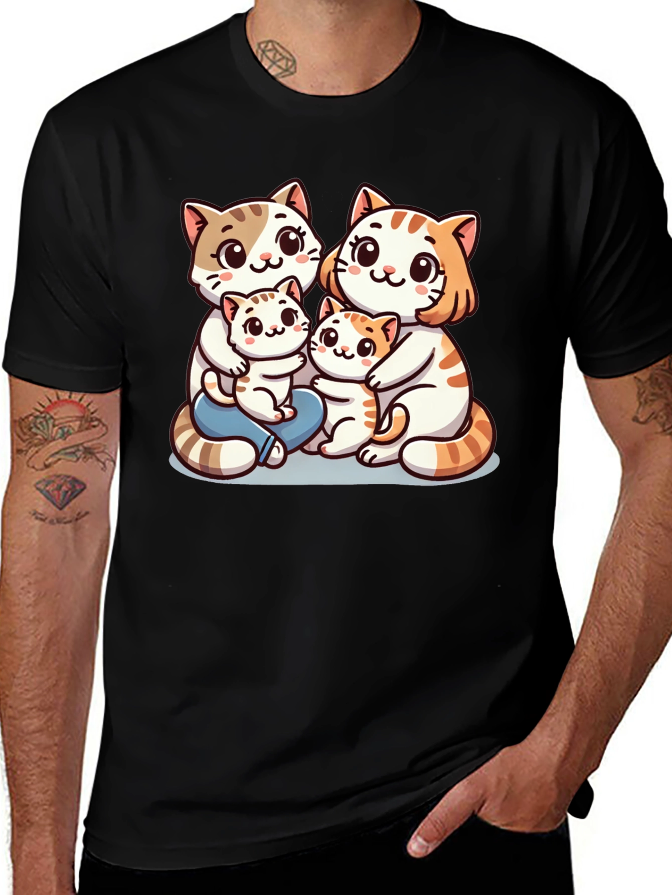 Cute Cat Family Graphic Tee - Black