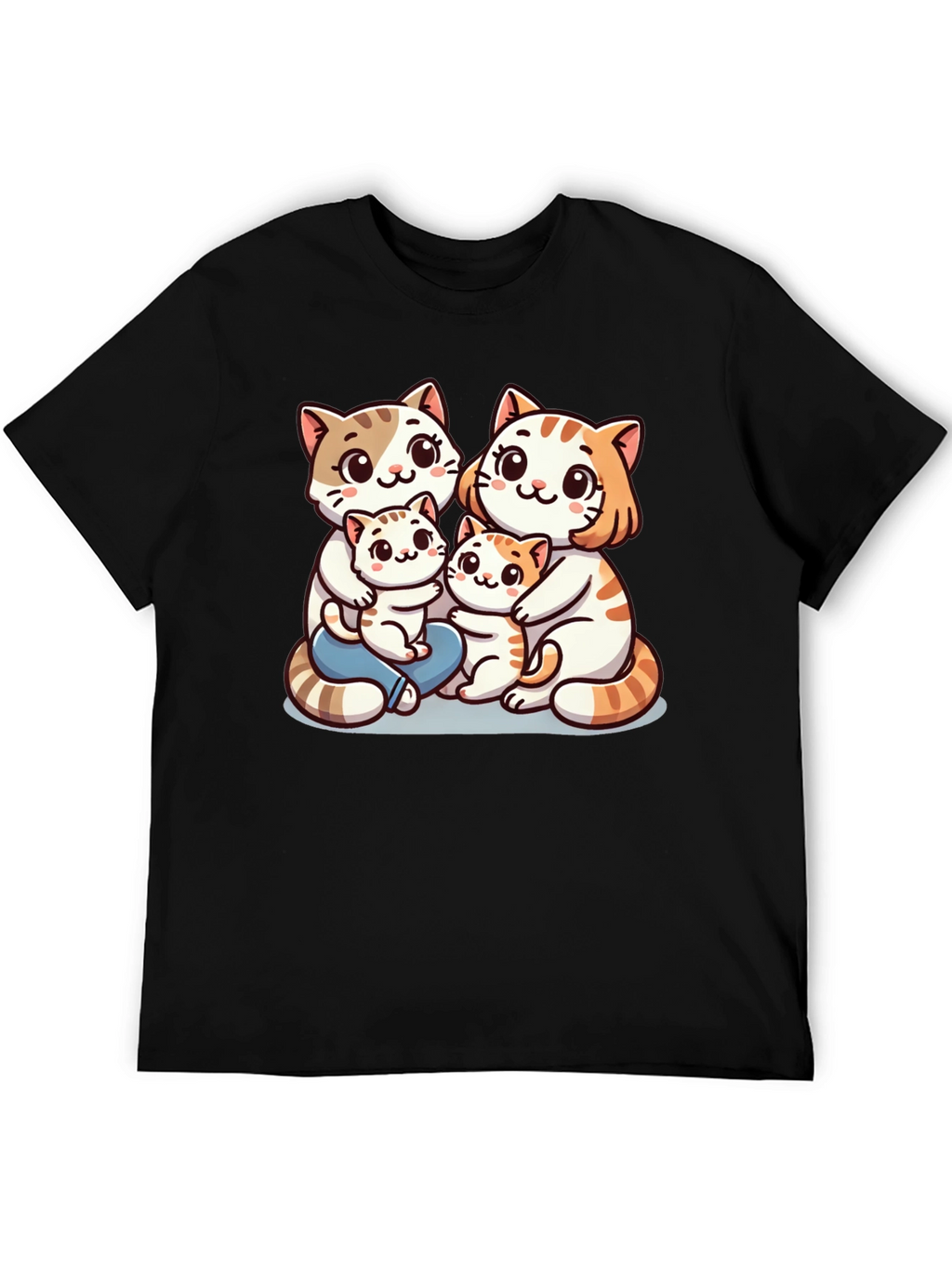 Cute Cat Family Graphic Tee - Black