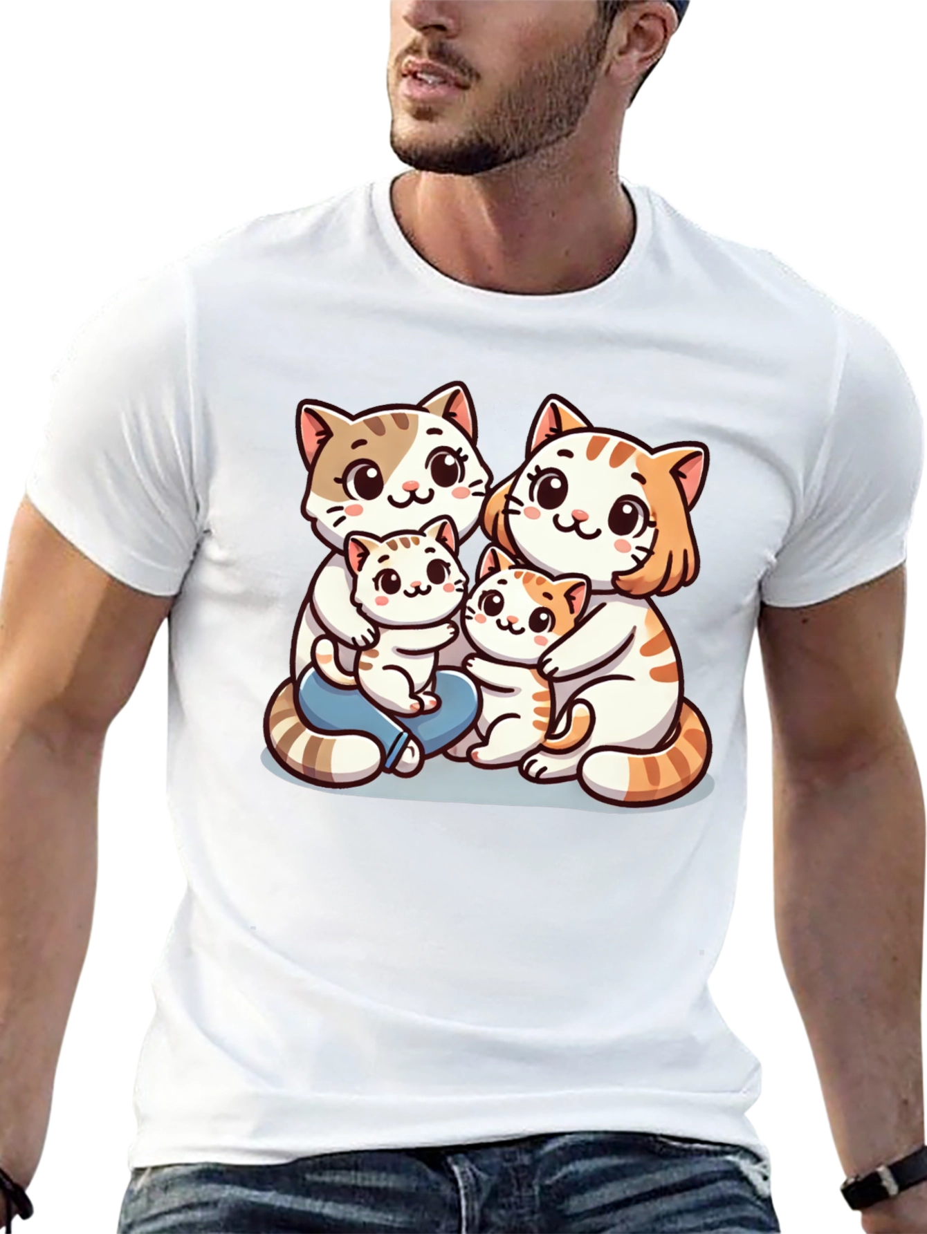 Cute Cat Family Graphic Tee - Black