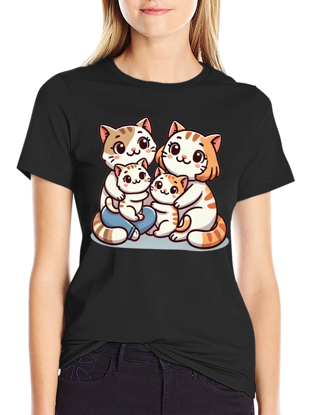Cute Cat Family Graphic Tee - Black