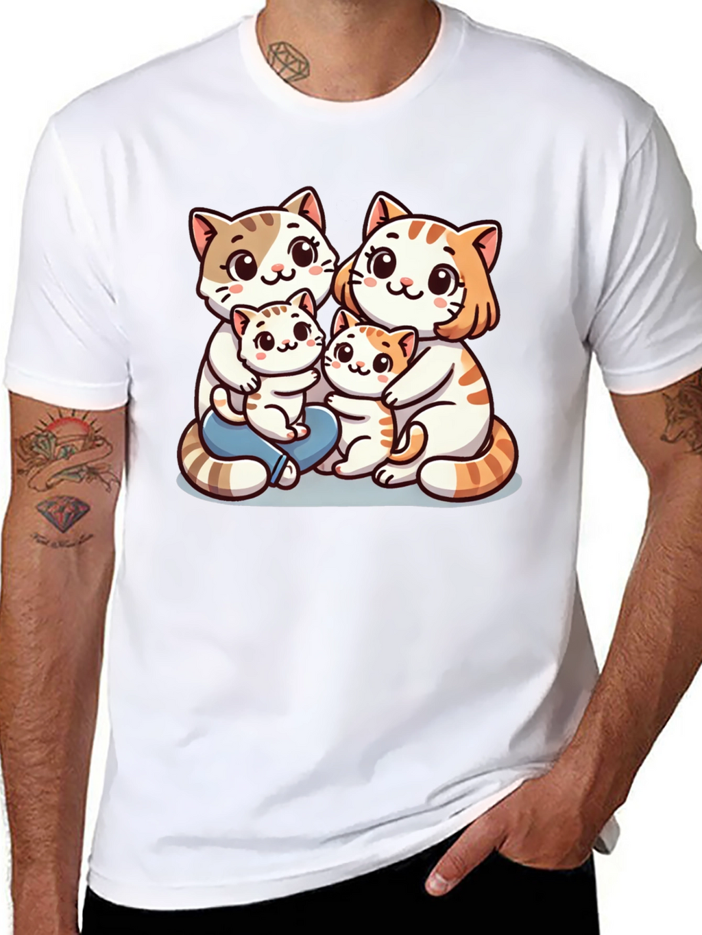 Cute Cat Family Graphic Tee - Black