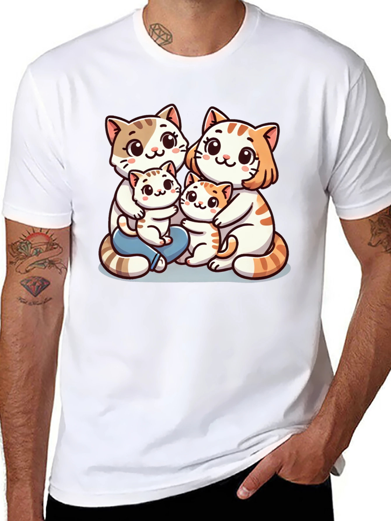 Cute Cat Family Graphic Tee - Black