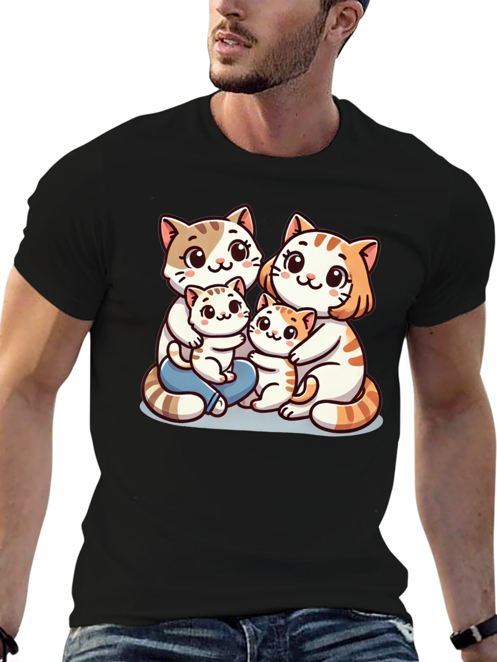 Cute Cat Family Graphic Tee - Black