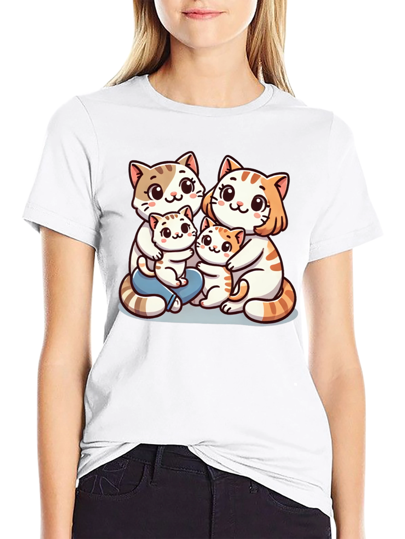 Cute Cat Family Graphic Tee - Black