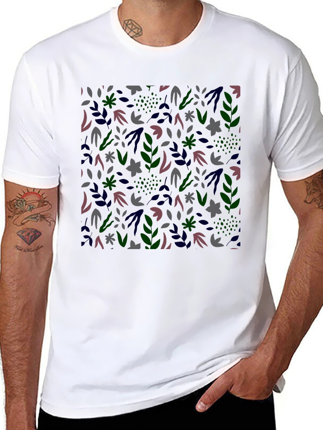 Botanical Print Mens Black T-Shirt
