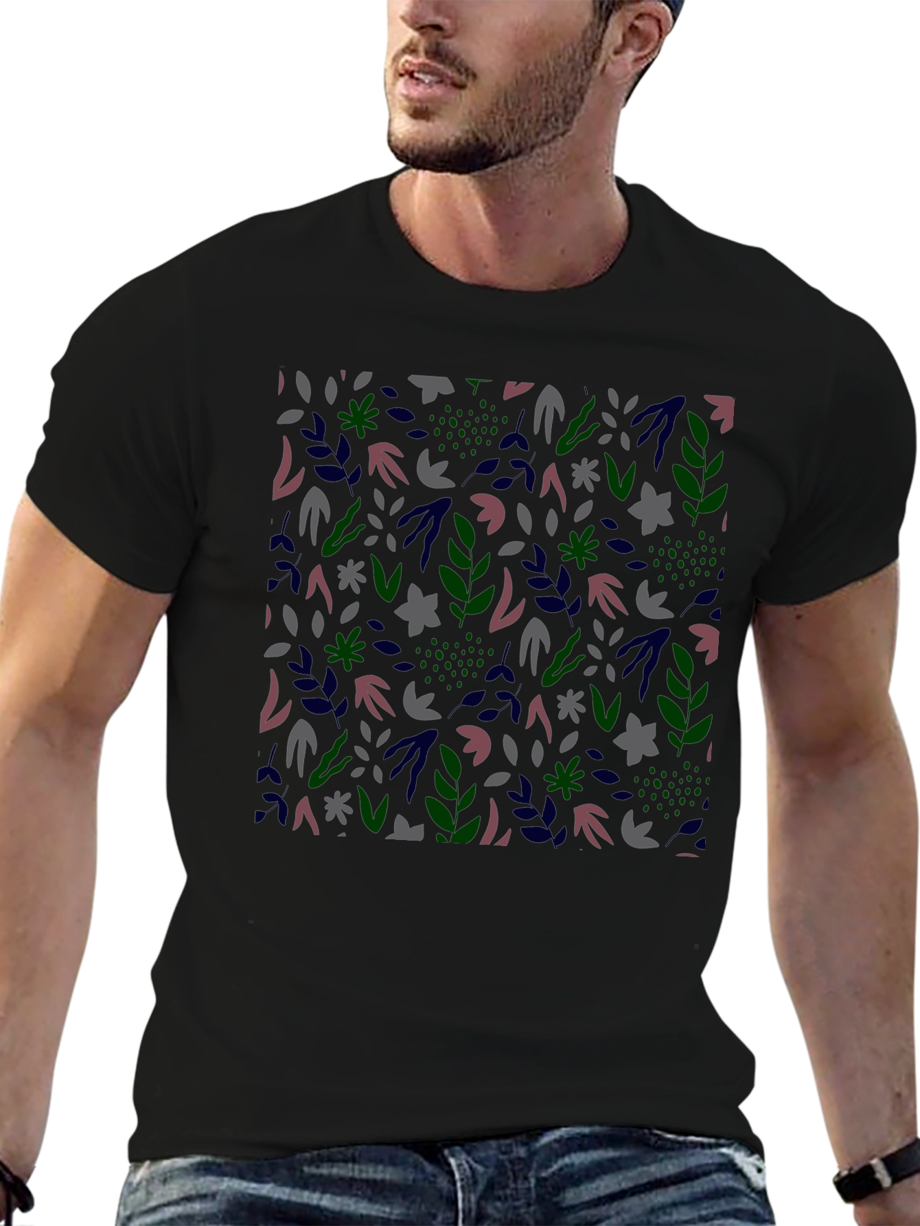 Botanical Print Mens Black T-Shirt