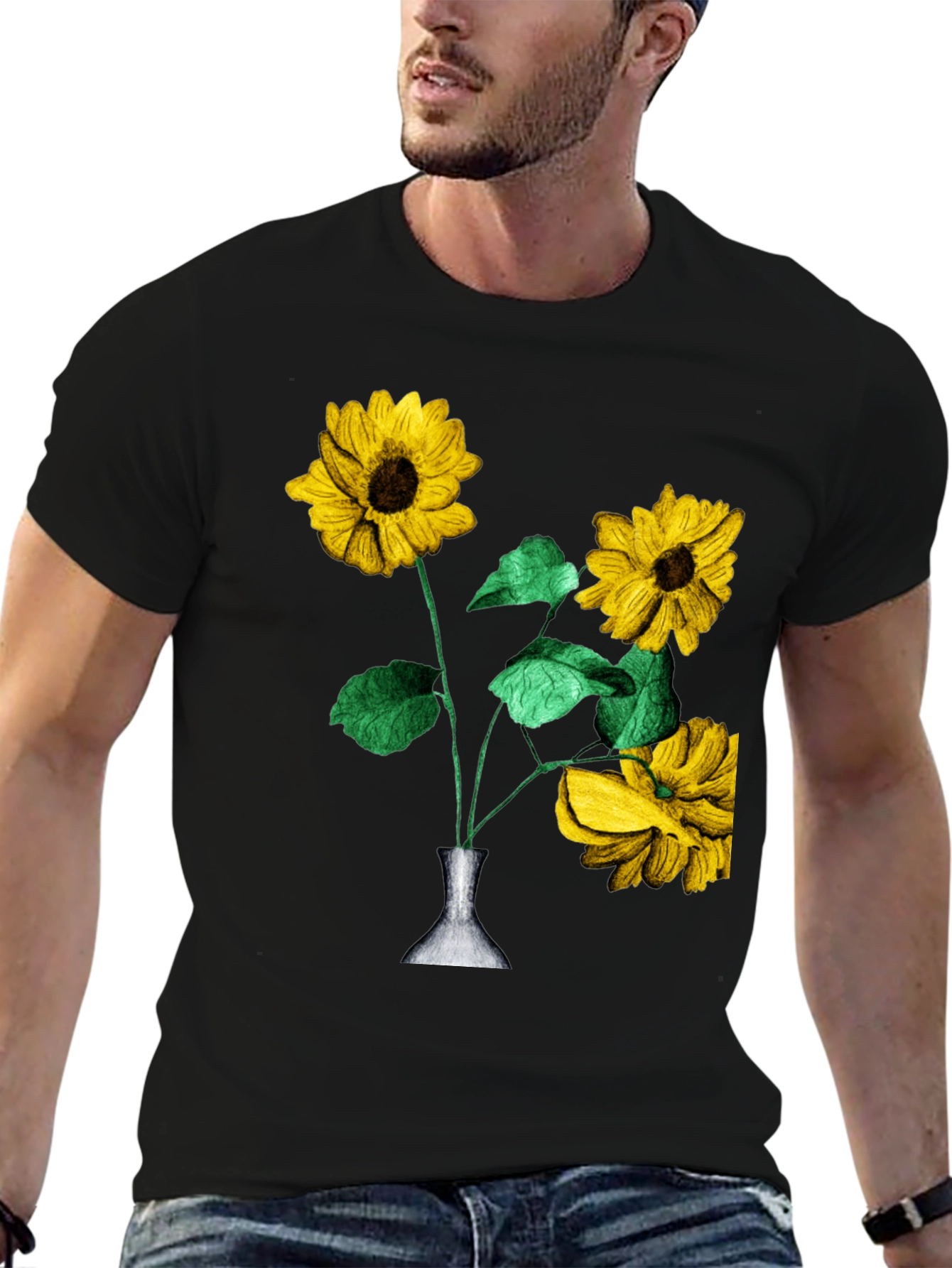 Sunflower Vase Graphic Tee - Stylish Black T-Shirt