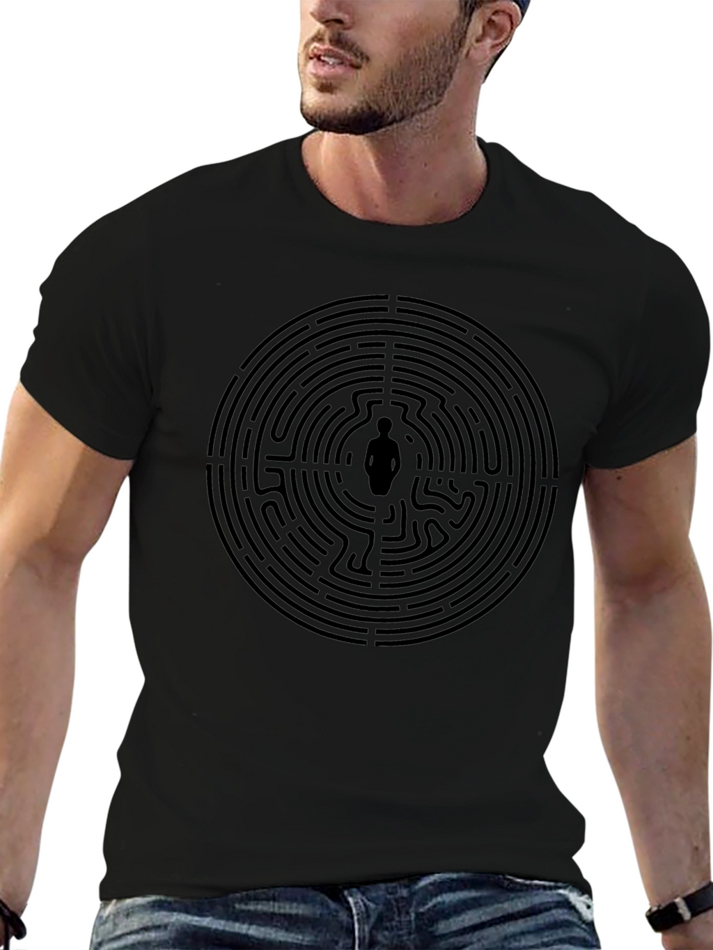 Labyrinth Man Graphic Tee - Stylish Black Cotton T-Shirt