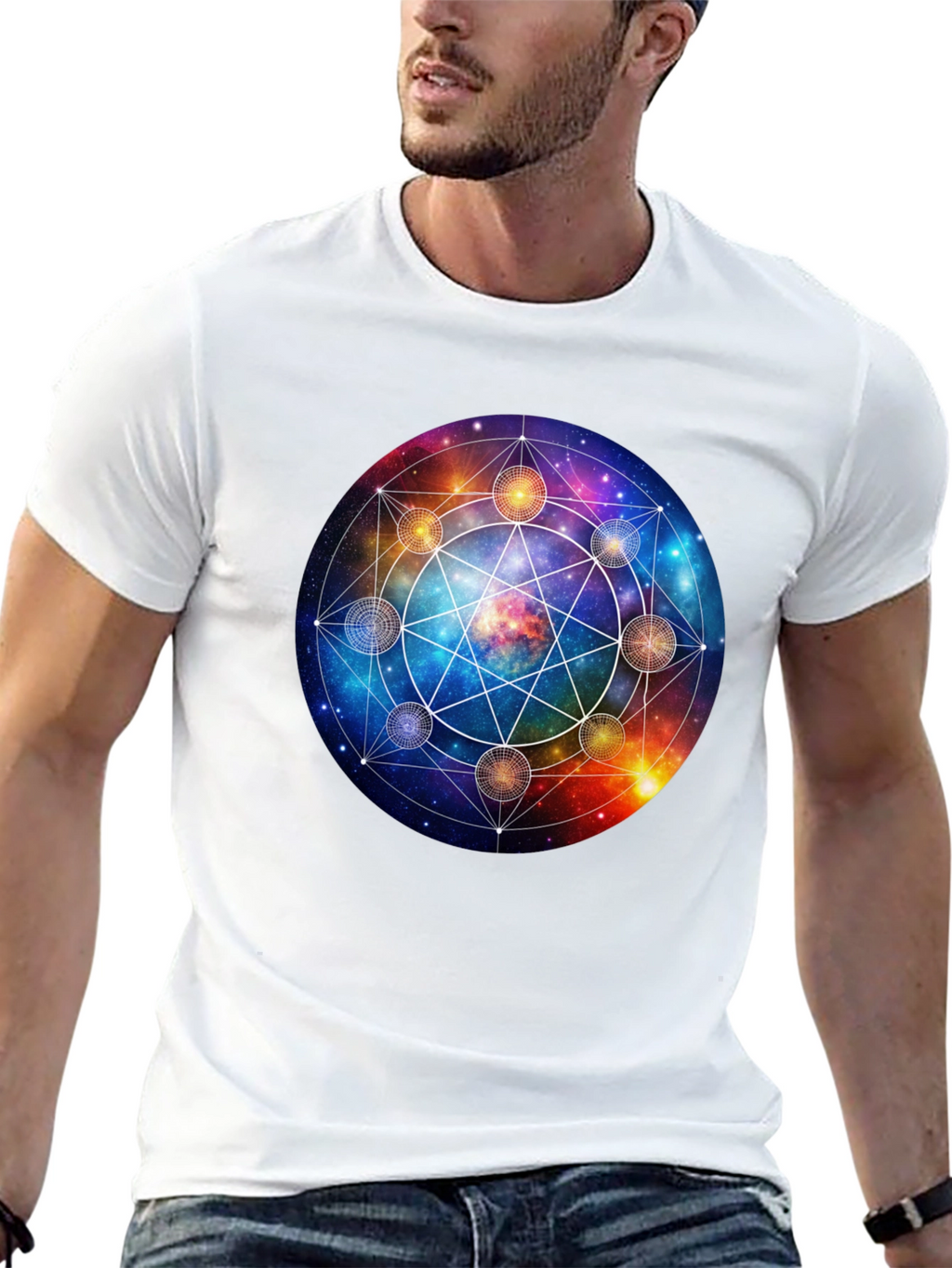 Cosmic Mandala Graphic Tee - Celestial Universe Design
