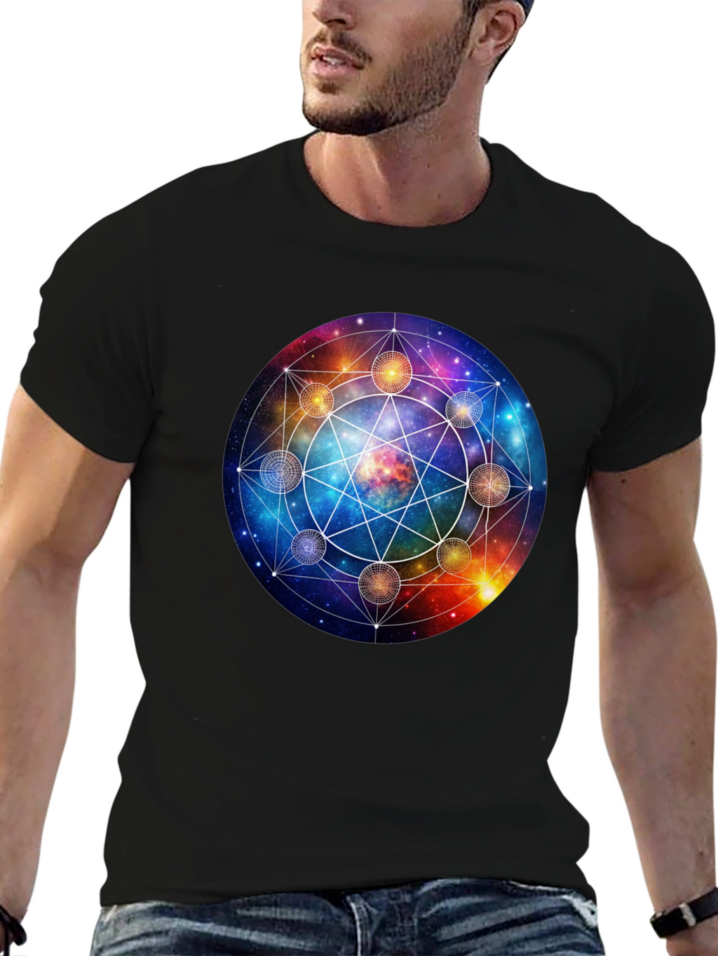 Cosmic Mandala Graphic Tee - Celestial Universe Design