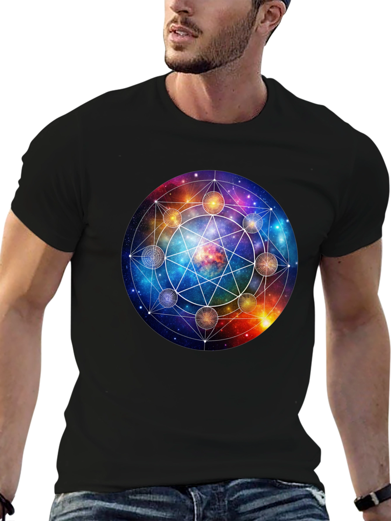 Cosmic Mandala Graphic Tee - Celestial Universe Design