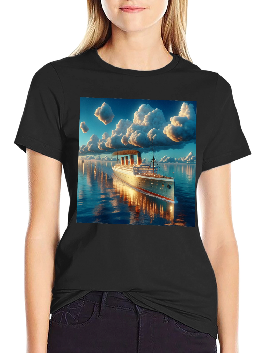 Titanic Cruise Ship Graphic Tee - Black Cotton Blend