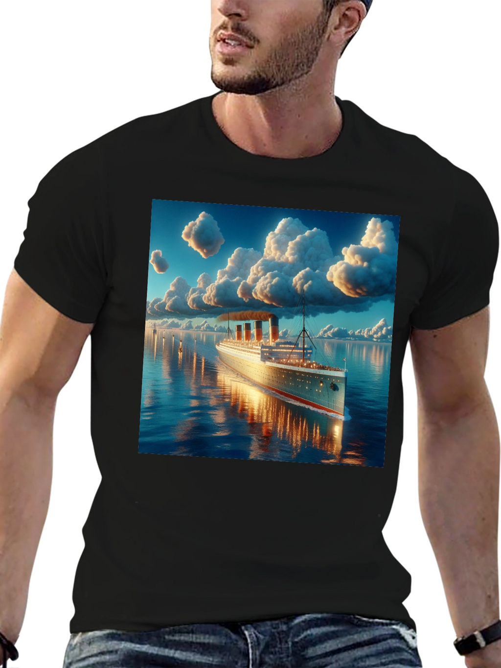 Titanic Cruise Ship Graphic Tee - Black Cotton Blend