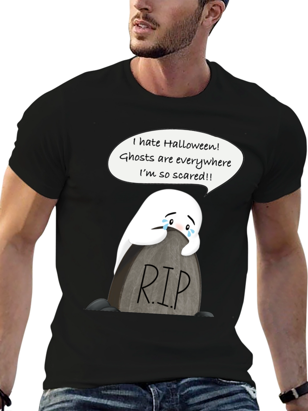 Scared Ghost Halloween T-Shirt - RIP Tombstone Graphic Tee