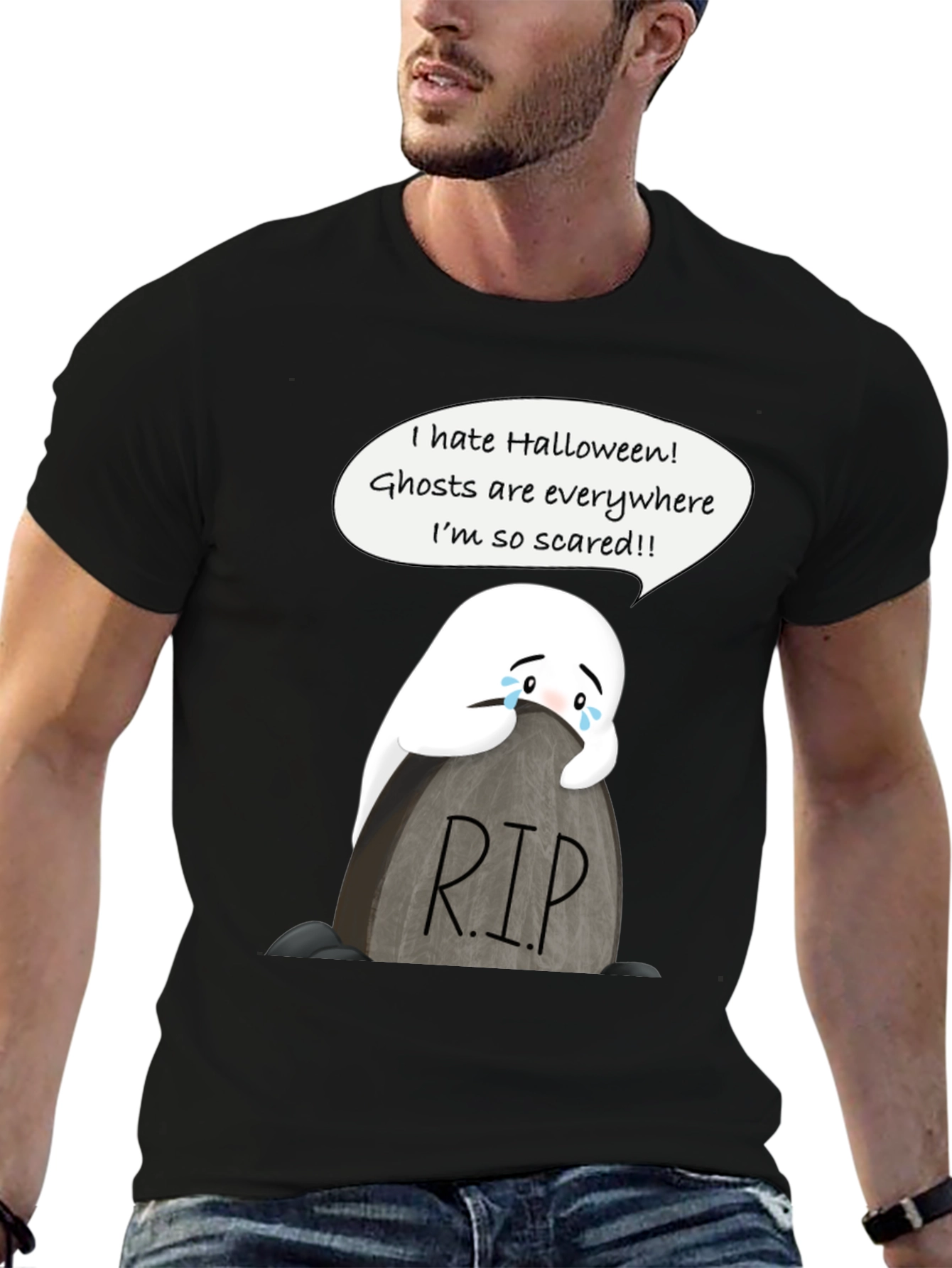 Scared Ghost Halloween T-Shirt - RIP Tombstone Graphic Tee