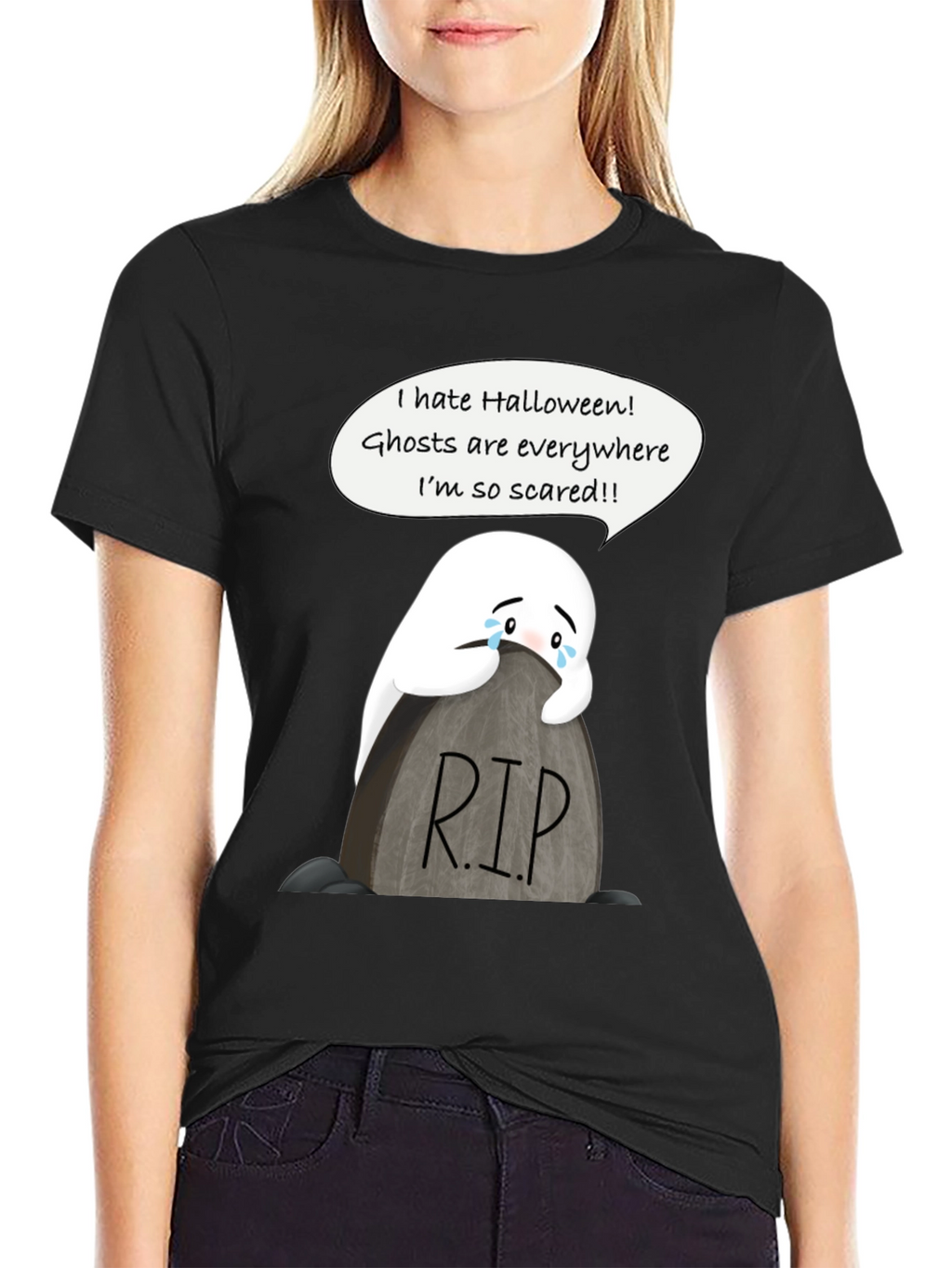 Scared Ghost Halloween T-Shirt - RIP Tombstone Graphic Tee