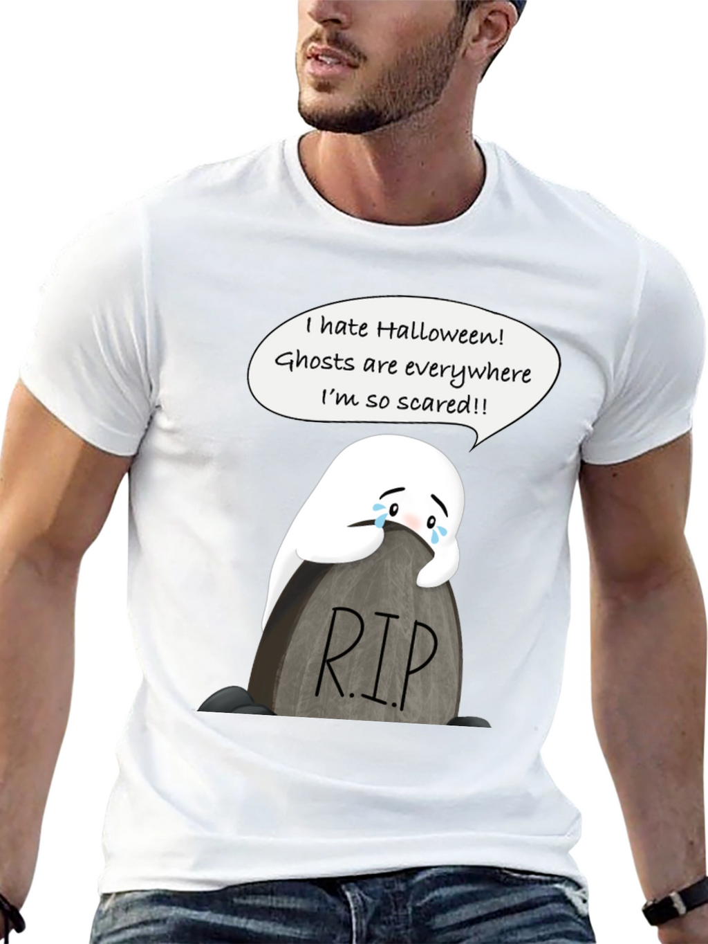 Scared Ghost Halloween T-Shirt - RIP Tombstone Graphic Tee