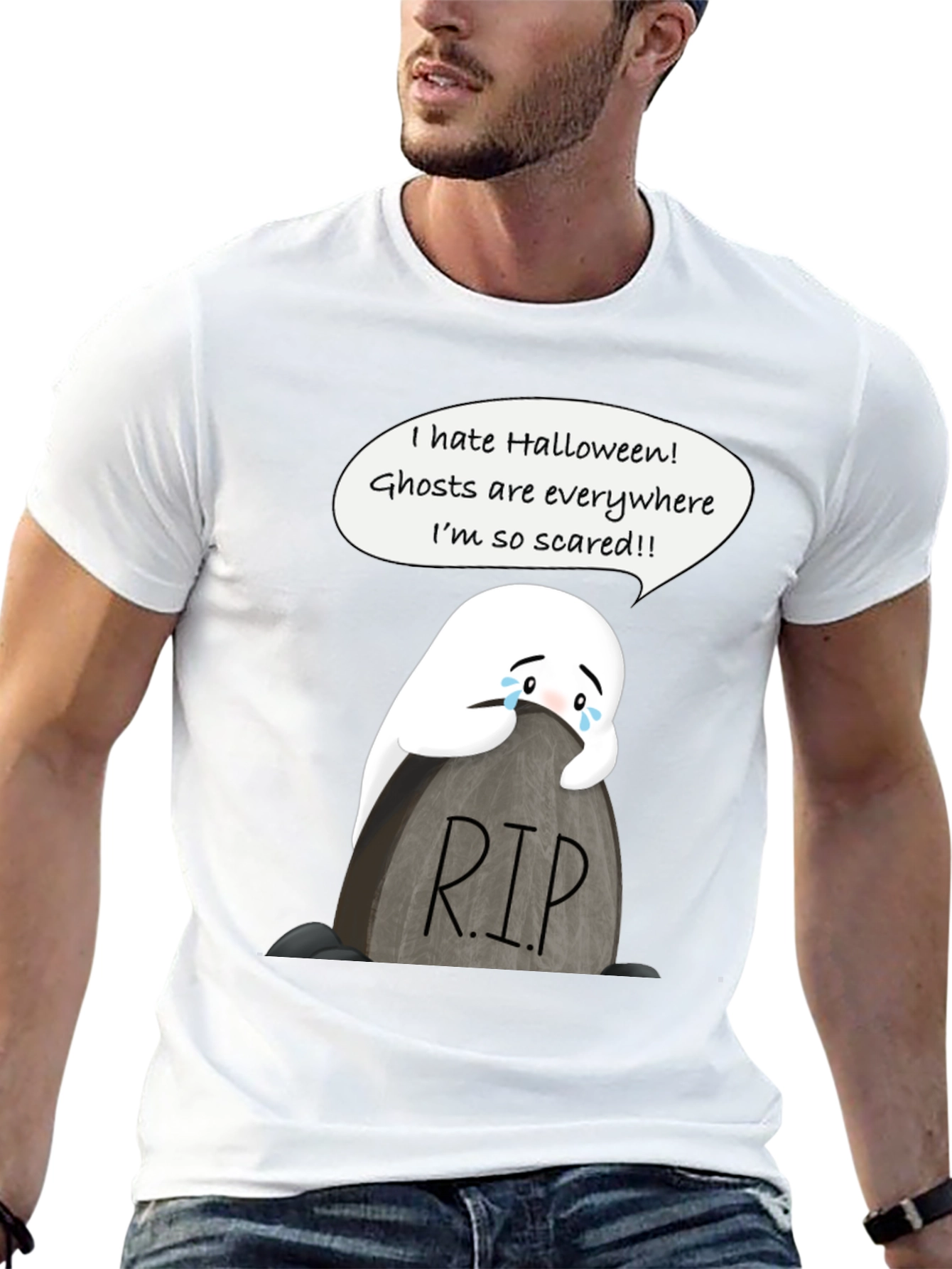 Scared Ghost Halloween T-Shirt - RIP Tombstone Graphic Tee