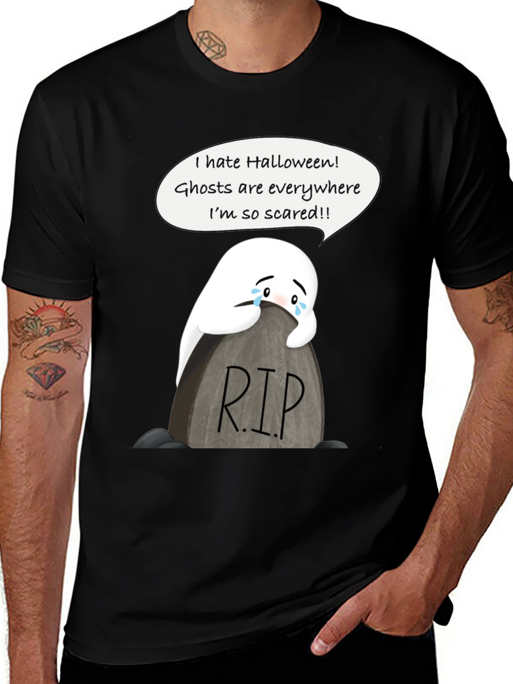 Scared Ghost Halloween T-Shirt - RIP Tombstone Graphic Tee