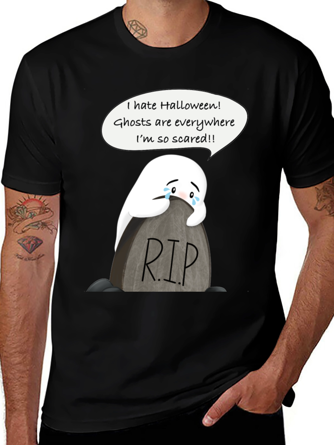 Scared Ghost Halloween T-Shirt - RIP Tombstone Graphic Tee