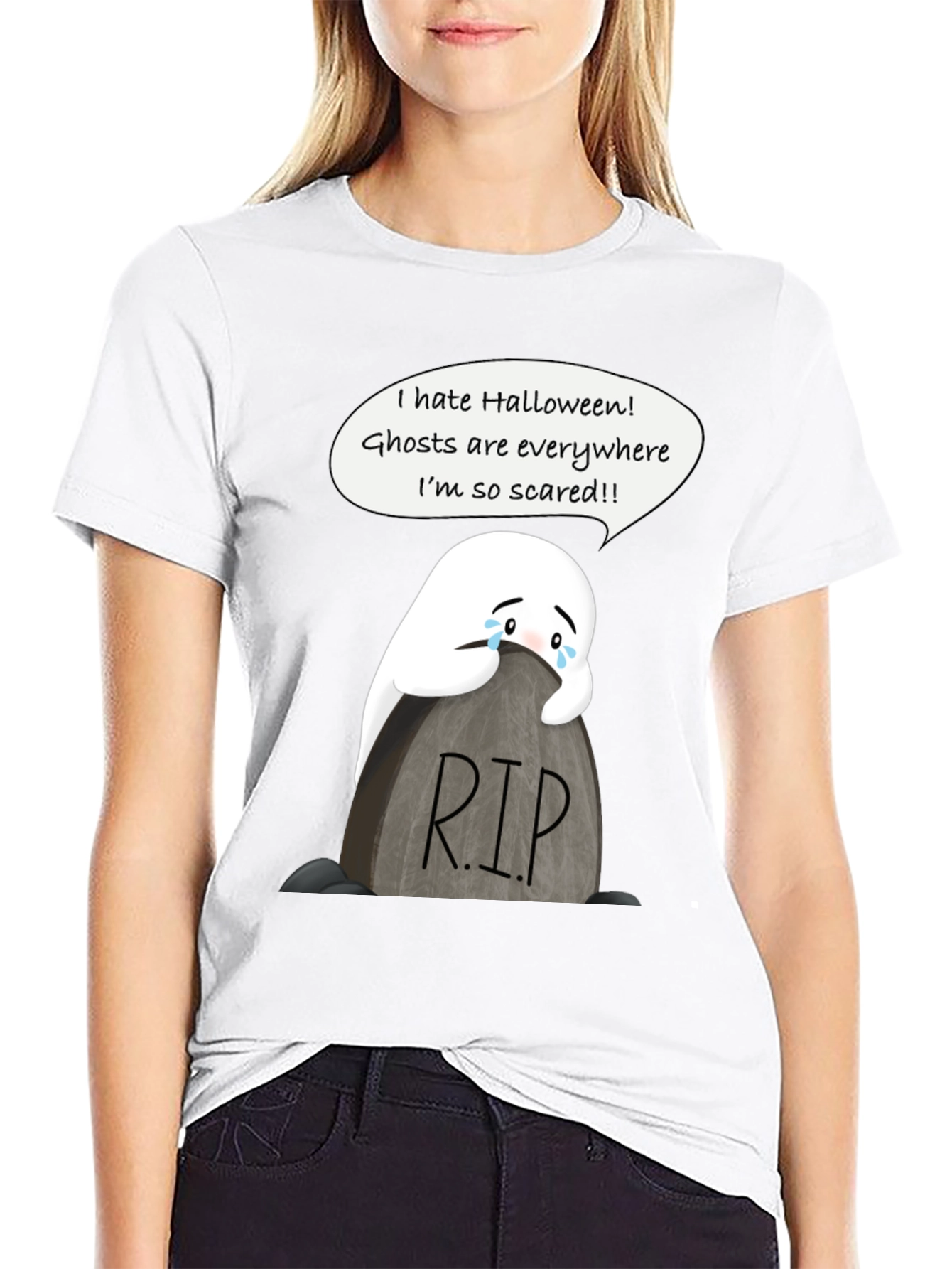 Scared Ghost Halloween T-Shirt - RIP Tombstone Graphic Tee