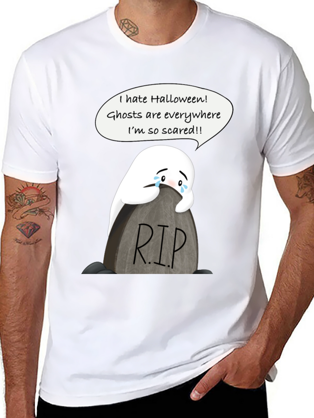Scared Ghost Halloween T-Shirt - RIP Tombstone Graphic Tee