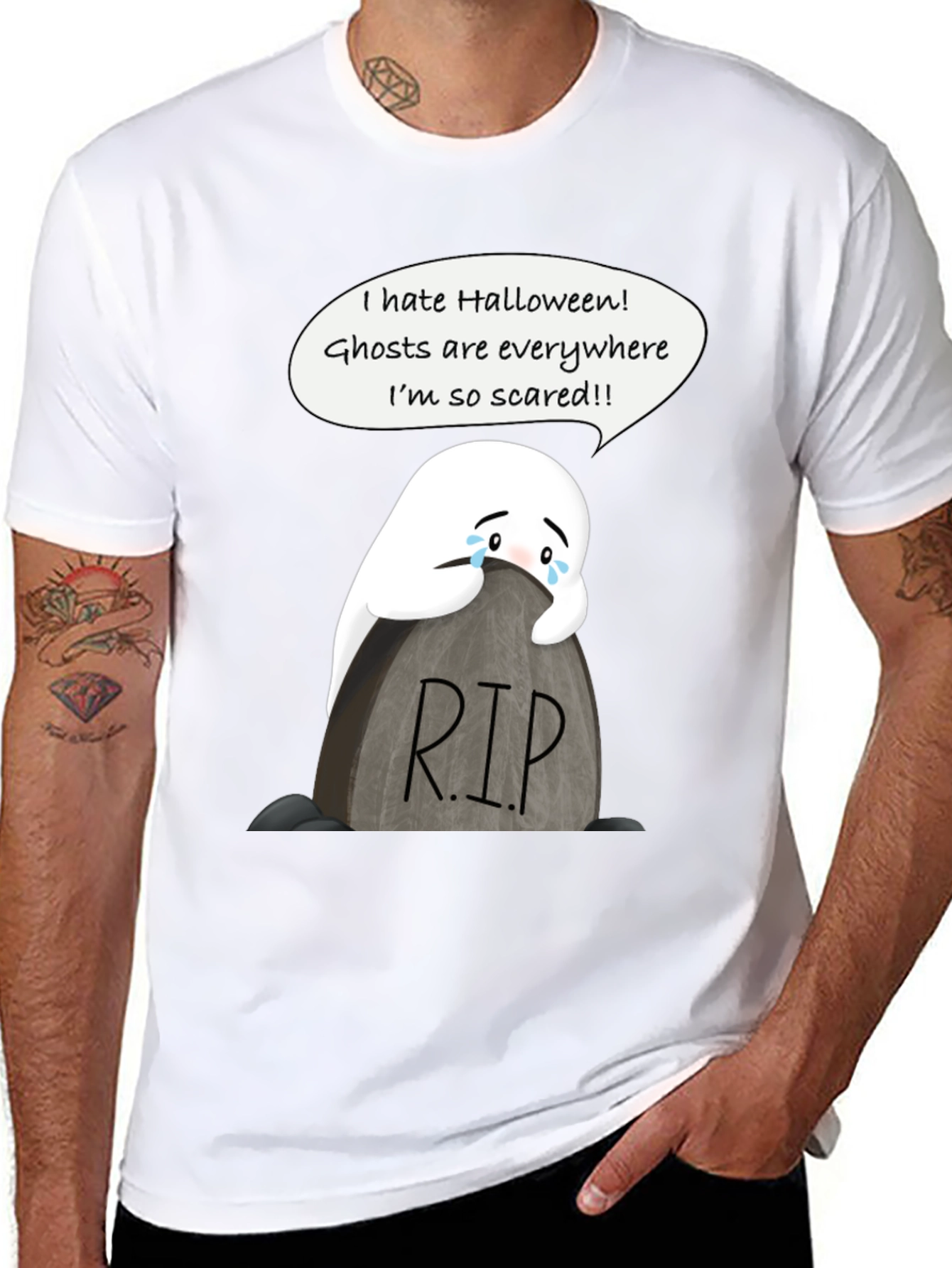 Scared Ghost Halloween T-Shirt - RIP Tombstone Graphic Tee