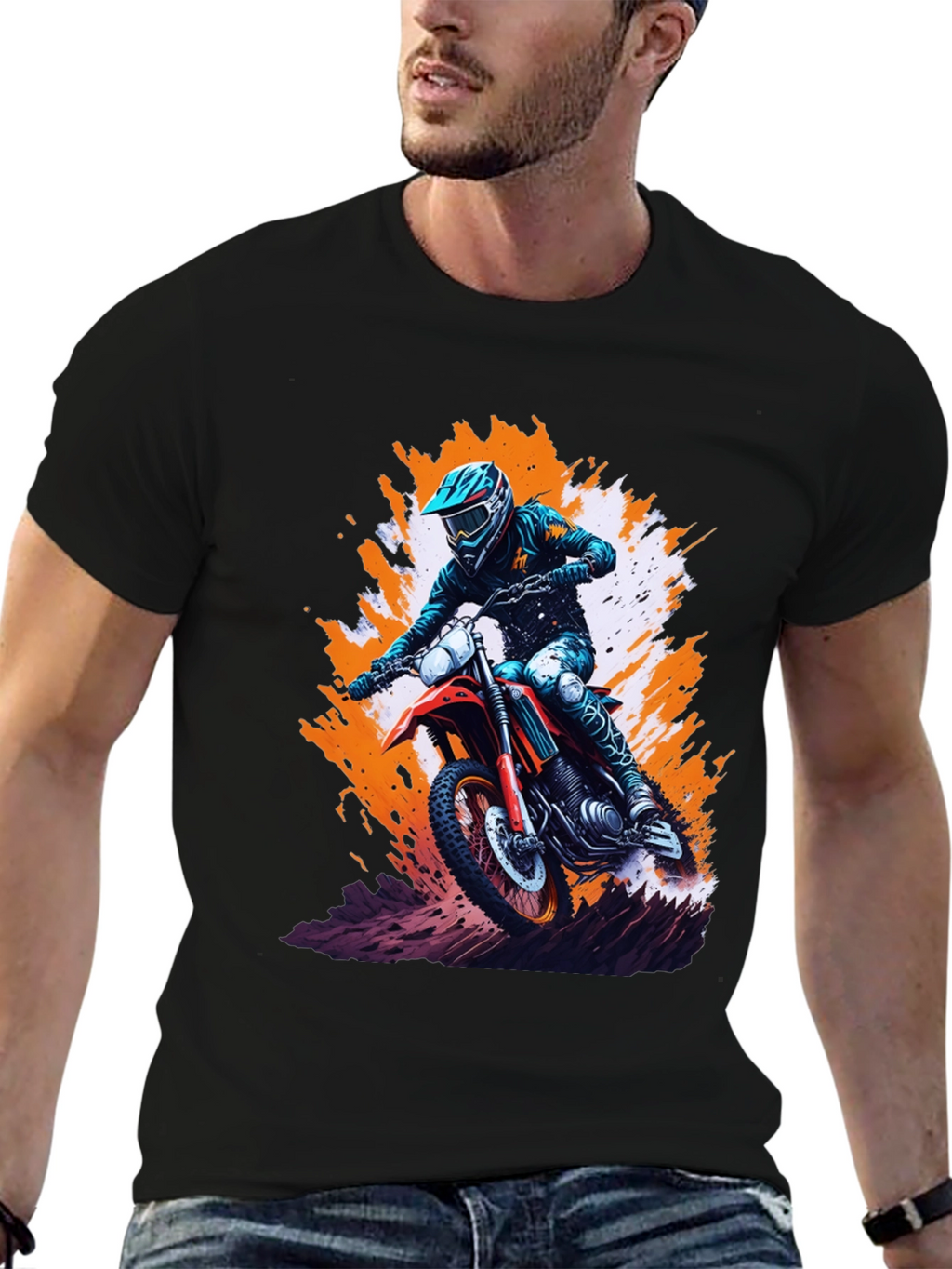 Motocross Rider Graphic Tee - Black Cotton Blend Shirt
