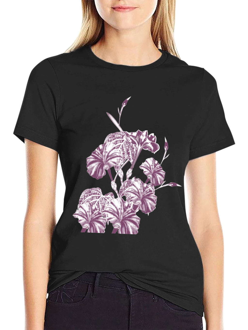 Floral Iris Print Black Crew Neck T-Shirt