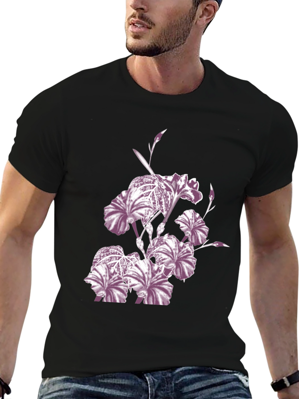 Floral Iris Print Black Crew Neck T-Shirt