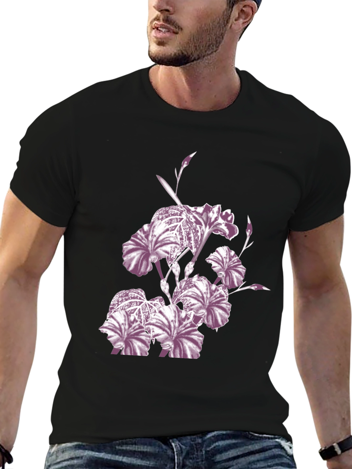 Floral Iris Print Black Crew Neck T-Shirt
