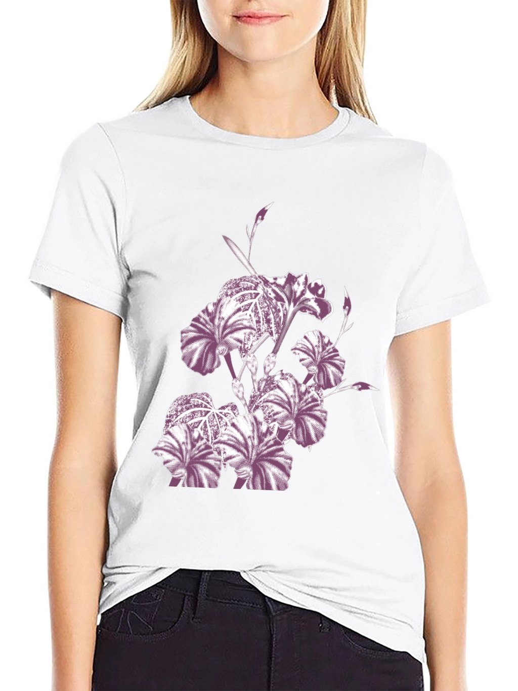 Floral Iris Print Black Crew Neck T-Shirt