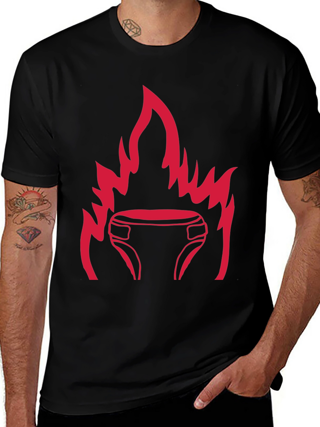Black T-Shirt with Fiery Diaper Design