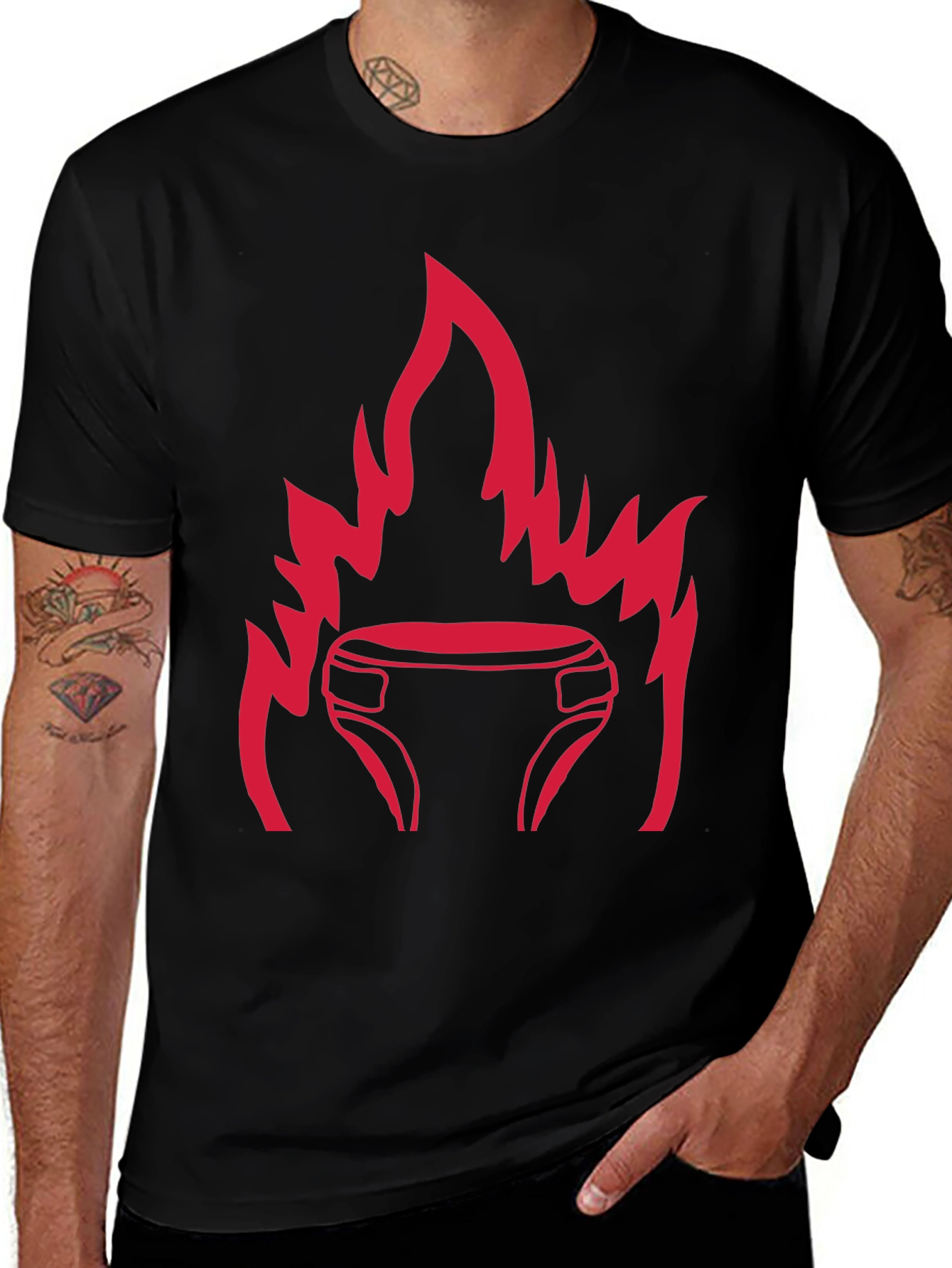 Black T-Shirt with Fiery Diaper Design