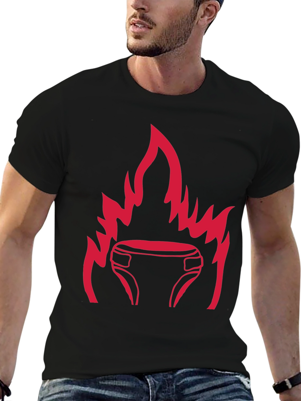 Black T-Shirt with Fiery Diaper Design