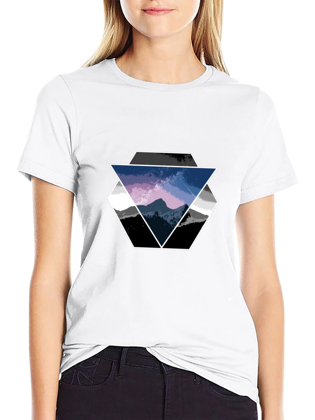Geometric Mountain Scene Graphic Tee - Black