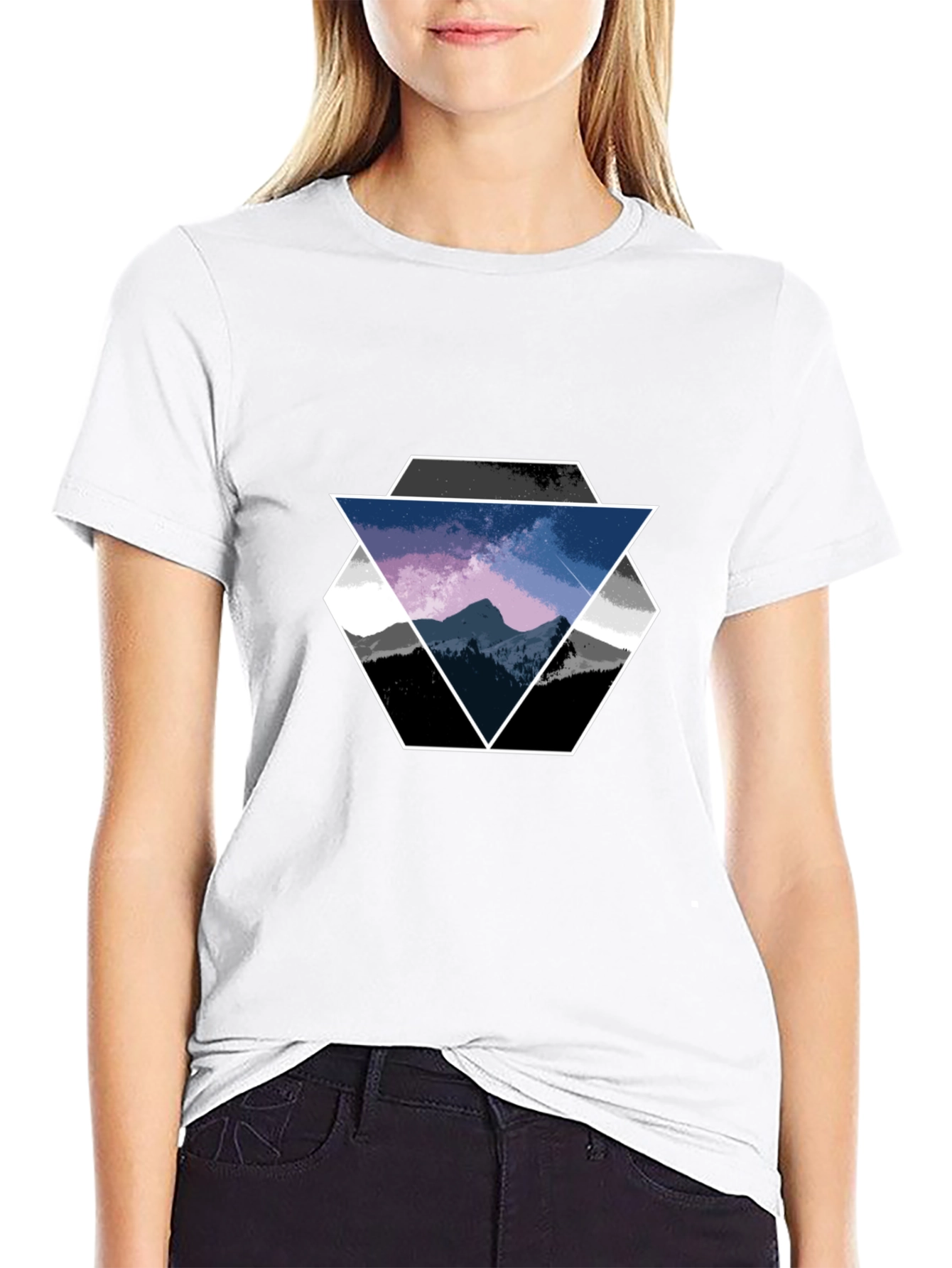 Geometric Mountain Scene Graphic Tee - Black