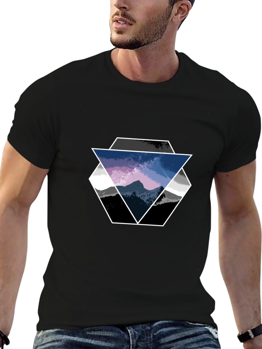 Geometric Mountain Scene Graphic Tee - Black