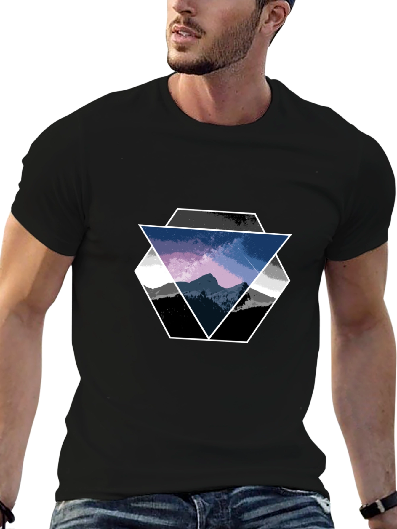 Geometric Mountain Scene Graphic Tee - Black