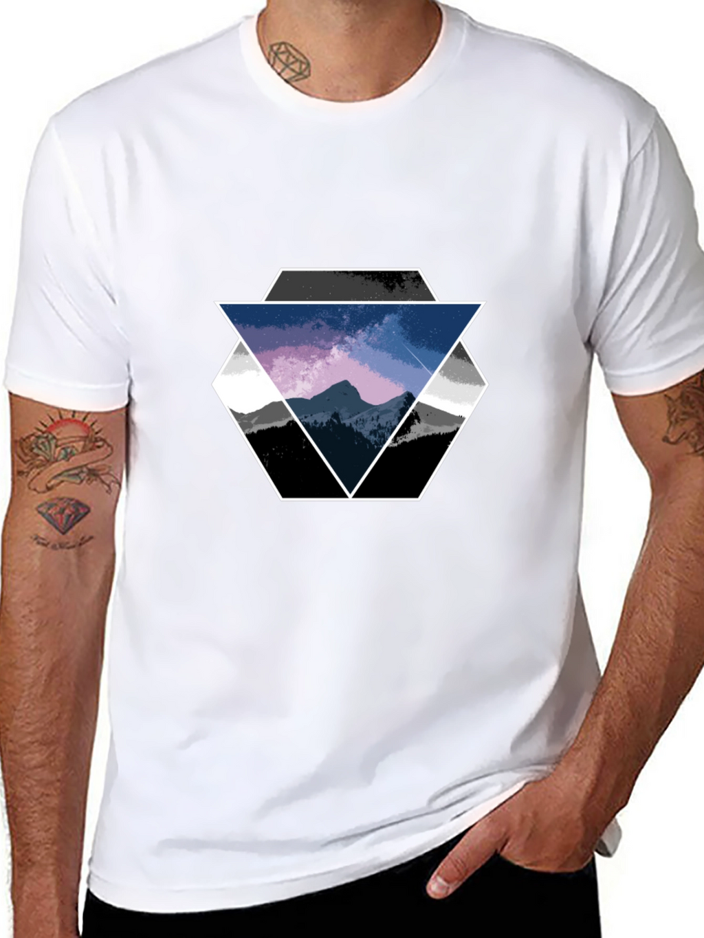 Geometric Mountain Scene Graphic Tee - Black
