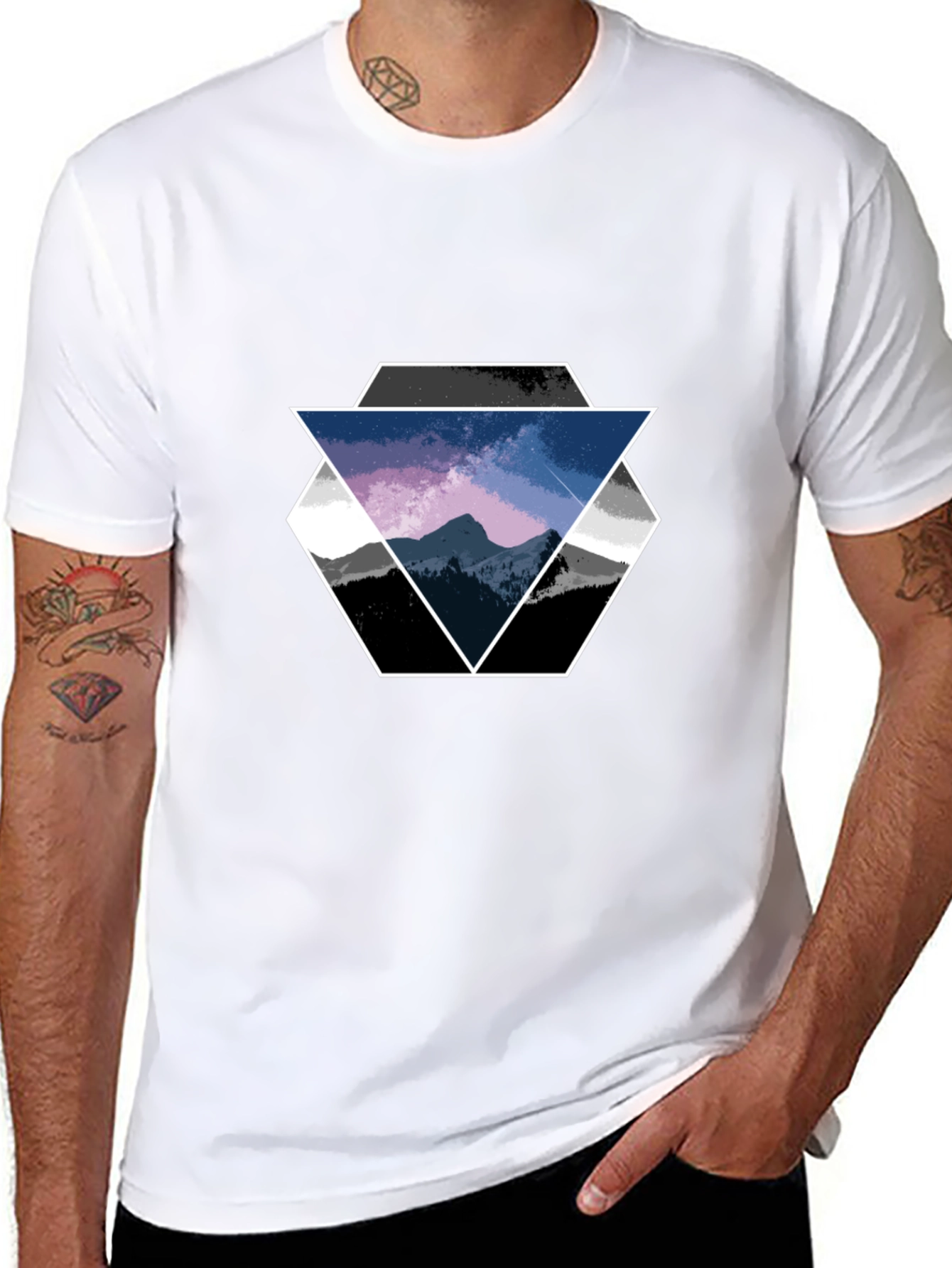 Geometric Mountain Scene Graphic Tee - Black