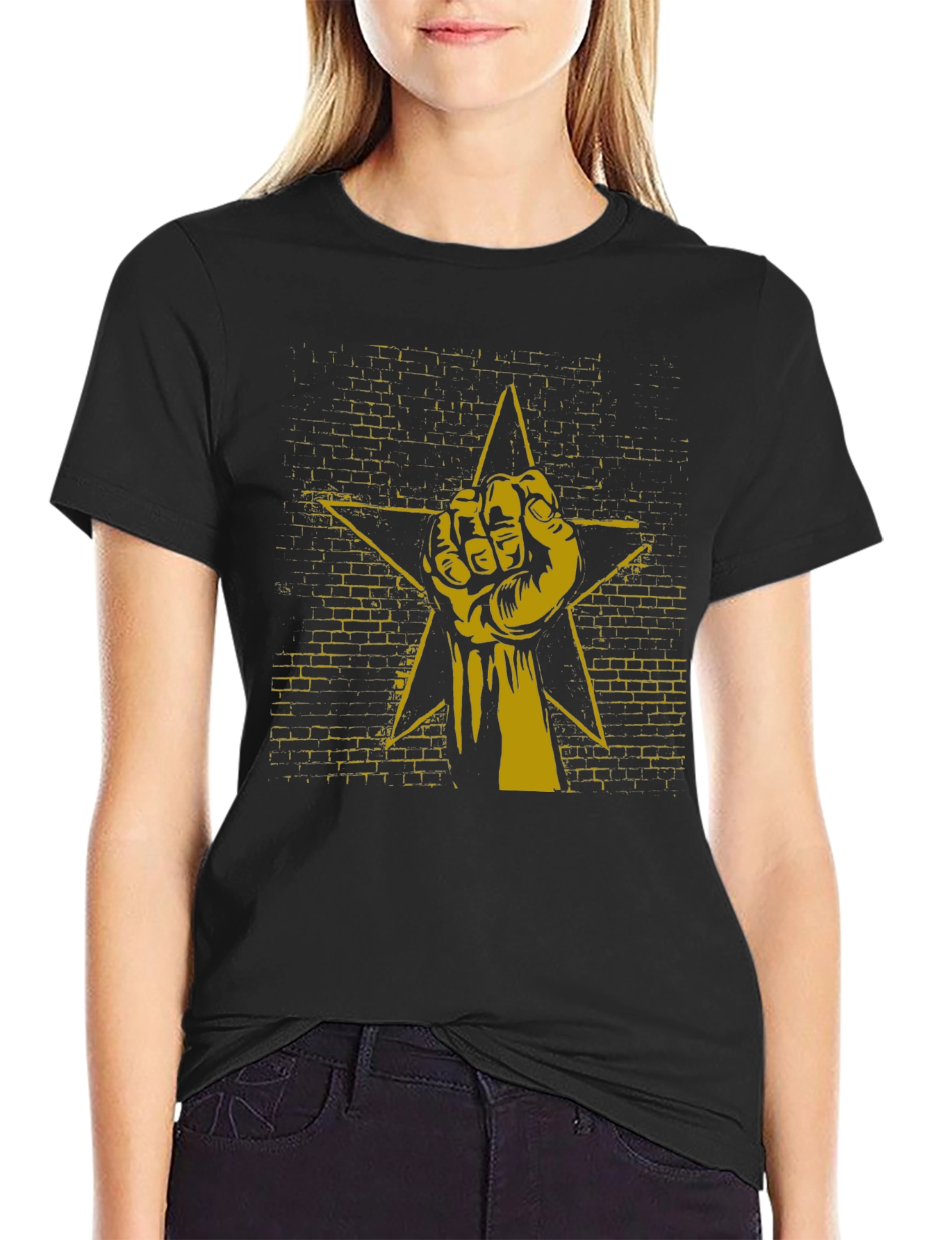 Black Tee with Fist Star Graphic Print